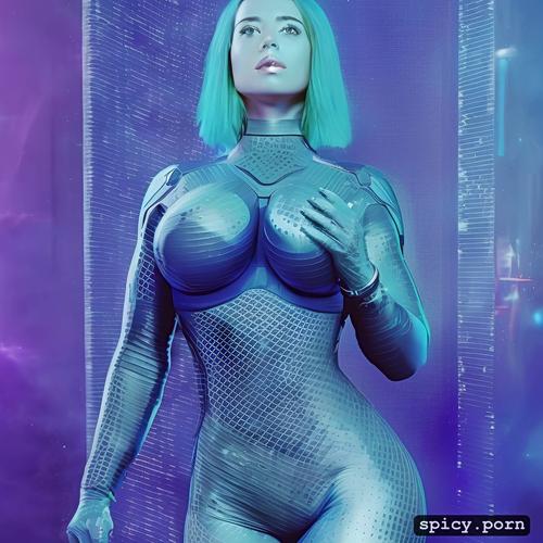 matrix code skin, digital blue, smiling, blue purple skin, holographic projection