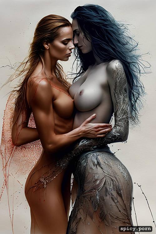 centered, luis royo, charcoal, athletic body, two lesbians, highly detailed