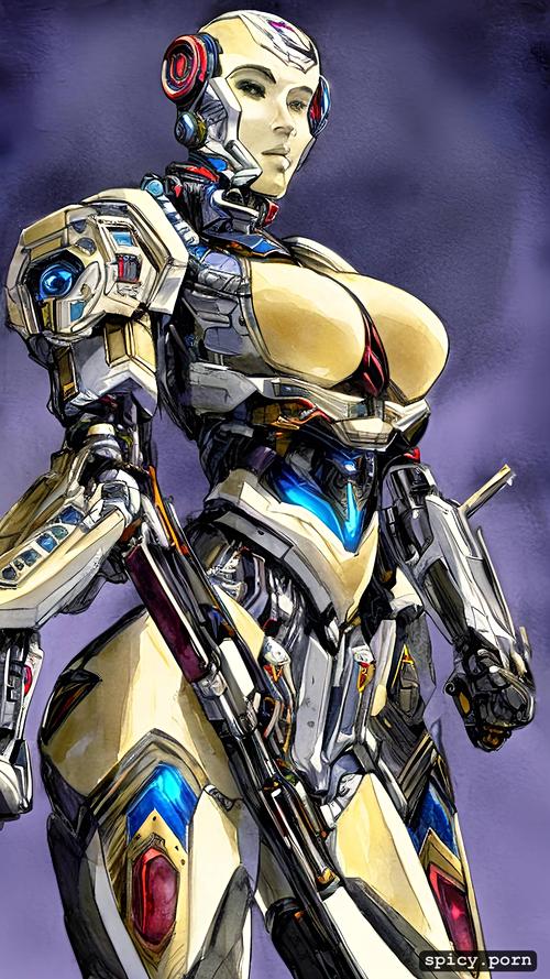 vibrant, key visual, highly detailed, intricate, strong warrior robot