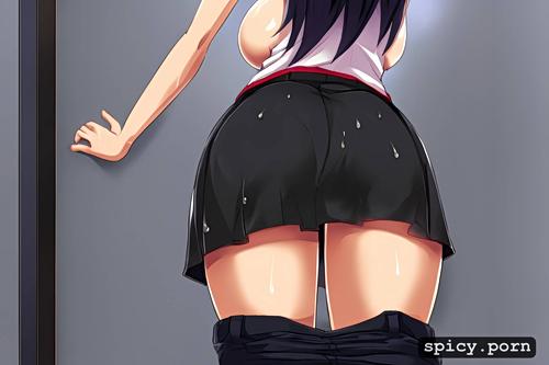 squirt, black hair, back view, wet pants, very short skirt, one woman