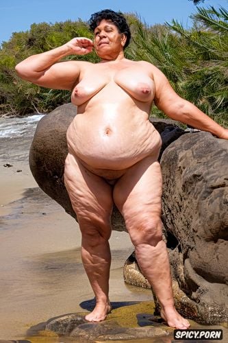 hispanic granny, naked fat short woman standing at nudist beach