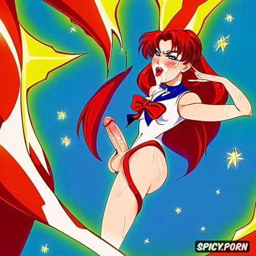 cum in mouth, penis in hand, blowjob, ejaculation, sailor moon with long red hair giving a handjob
