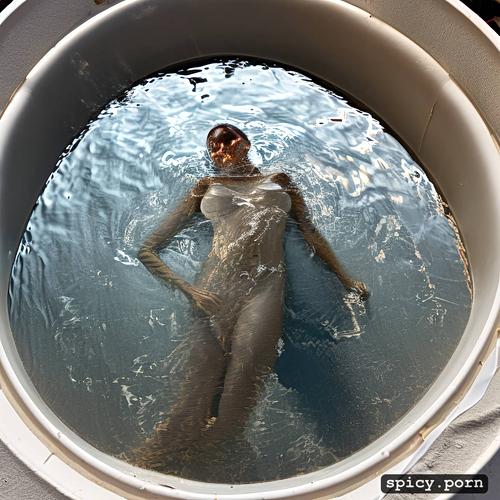 submerged in a plastic barrel plastic barrel, flat chested, outside