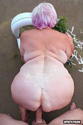 rear view, squatting, white granny, pastel colors, naked, hyperrealistic pregnant pissing muscular thighs red bobcut haircut tanned