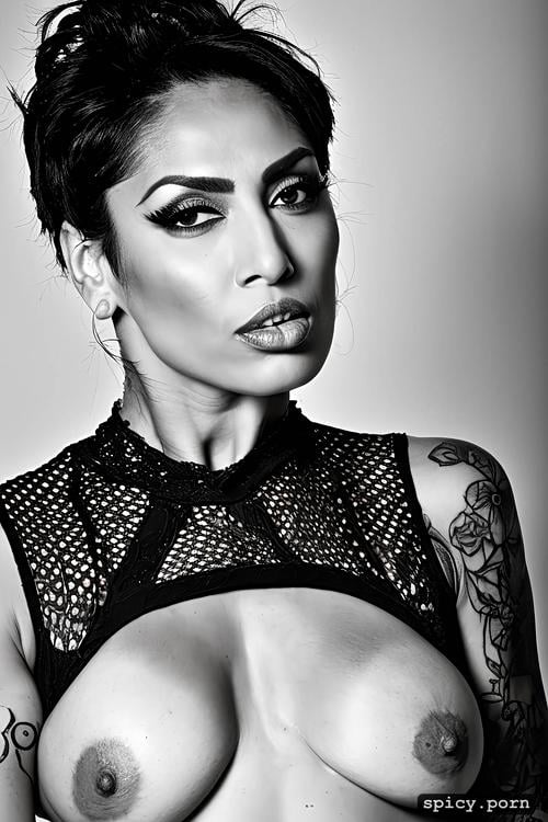 tattoos, stunning face, muscular body, 35 yo, portrait, latina woman