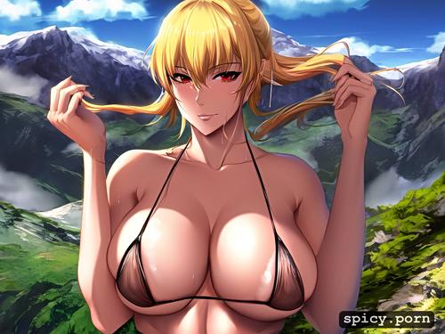 mountains, perfect face, humongous breasts, chinese milf, blonde hair