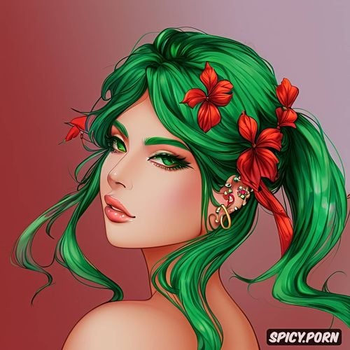 asian woman, green hair, big breasts, piercing, pixie hair, pastel colors