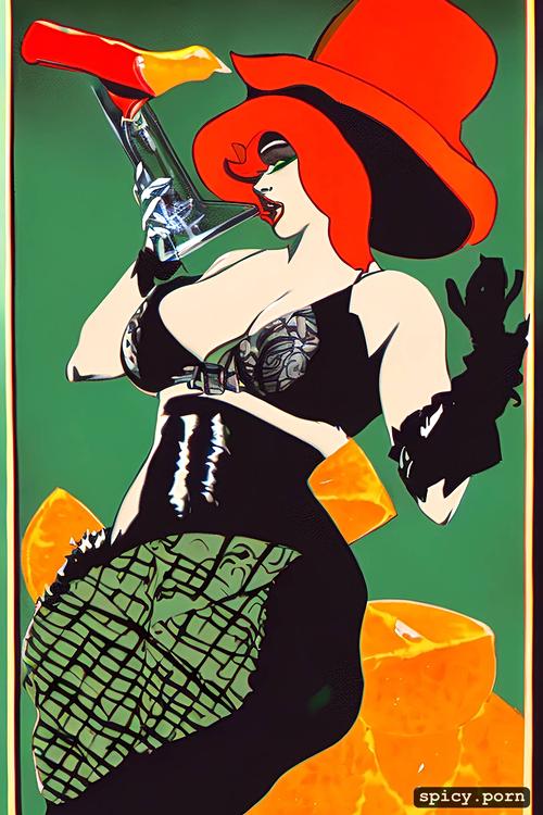 black background, cappiello, full body, poster, female, green wine bottle