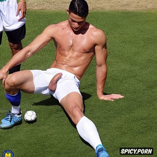 ultra details, his sweaty feet in the middle of the football field with his athletic body