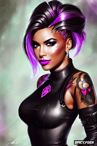 ultra realistic, tight black dress, high resolution, sombra overwatch beautiful face full body shot