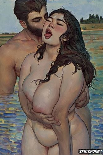 eyes closed, tongue, french realism, monet, man holding woman s neck