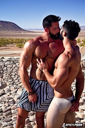 in a pull in desert with celery trees in the background, two couple of strong and sexy muscular gay arabian using keffiyeh fuck a sexy black kissing a couple of men with beards wearing only white underwear