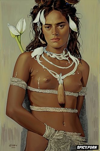 beautiful woman, paul peter rubens painting, flat chest beautiful native american women with a white lily