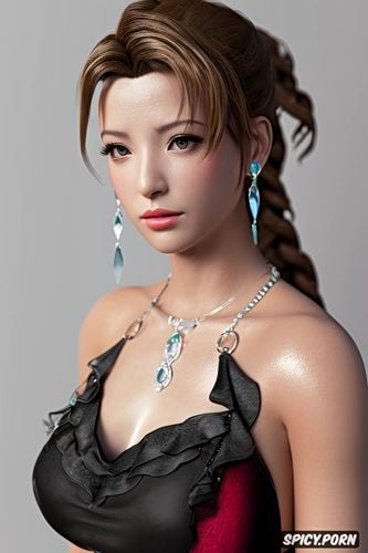 final fantasy vii remake, pouty lips, low cut strapless black evening gown