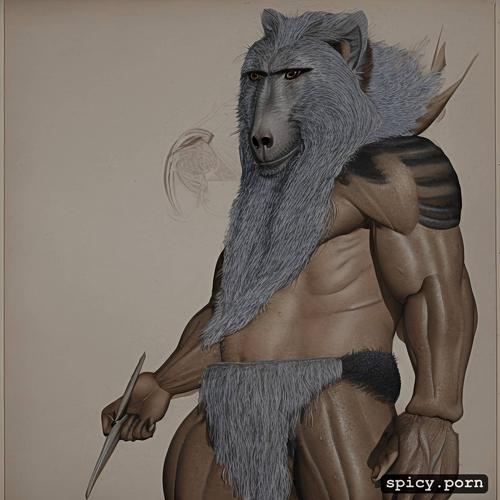 fury arms, black fur, vagina lips, pink and blue, baboon head and female human body