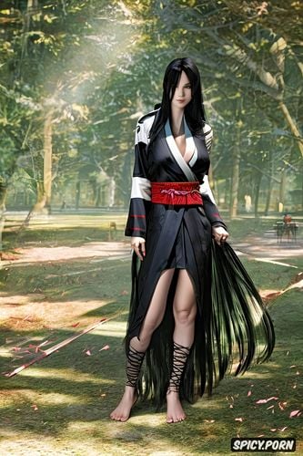 woman teen samurai with long black hair and natural breasts and wearing open samurai gi