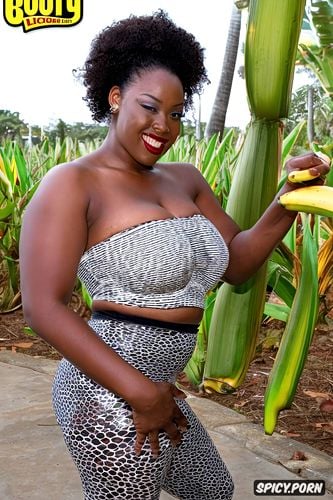 banana trees in the background, flat stomach 1 4, big curvy hips 1 2