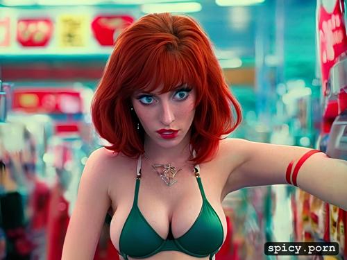 pixie hair, white woman, in supermarket, piercing, 80s, 20 years old