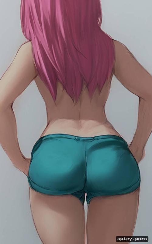 3dt, naked female, back view, 18 yo, pink hair, full body, short shorts