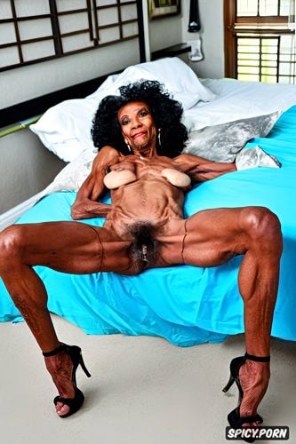 crackhead granny, 80yo, open hairy pussy sexy high heels, legs spread on bed