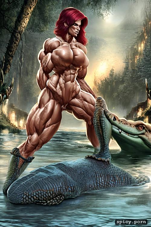 scar, photorealistic, nude muscle woman fight big deadly croc