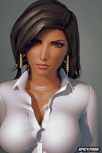 ultra detailed, ultra realistic, pharah overwatch black medical scrubs shirt unbuttoned beautiful face full lips milf full body shot