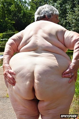 best quality, intricate, huge massive saggy ass, squatting, old slut face turned sideways white