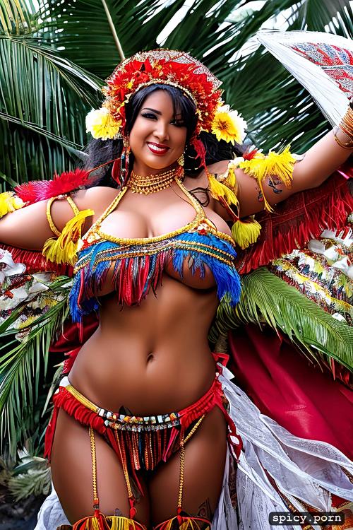 flawless smiling face, 32 yo beautiful tahitian dancer, intricate beautiful hula dancing costume