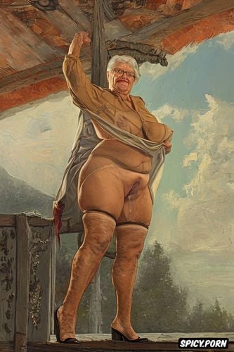 fat granny, the fat grandmother has nude pussy under her skirt shows open realistyc labia upskirt very old