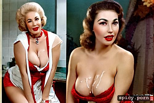 1950s milf, sagging breasts, highly detailed faces, cum on face