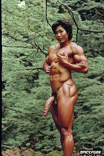 muscular body, detailed japanese beauty face, full body, extreme muscular futanari