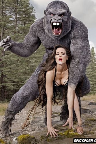 male sasquatch positioned to enter woman from behind, facial seizure from extreme pleasure