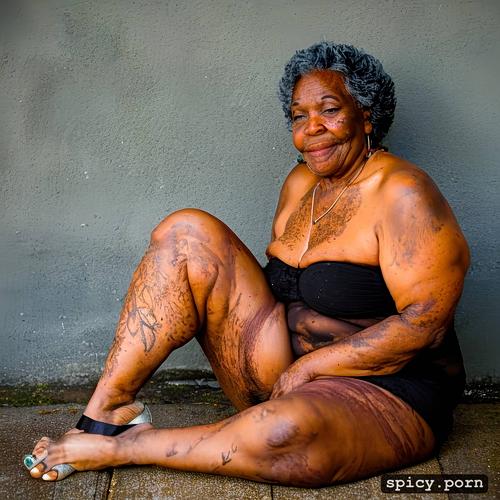 full body, photo, obese, color, ebony, female, 80 yo, wrinkly legs