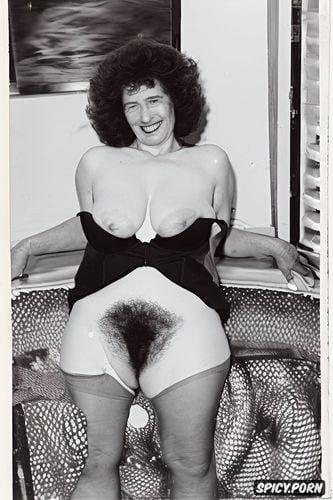 extensive hairy pussy, black stocking, large nipples, full front
