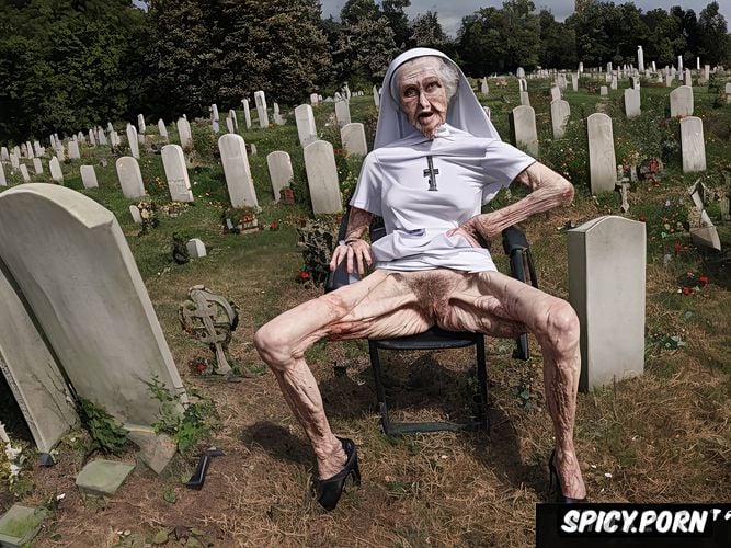 catholic nun, pale, very old granny, cemetery, spreading cellulite legs