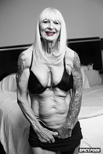 nipples, piercing, age, platinum blonde, caucasian granny, ninety nine of age smile