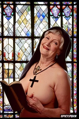 lustful, cross necklace, nun, naked, holding one book, hanging long breasts