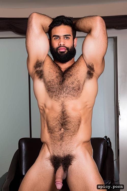 he is sitting on a chair, showing hairy armpits, gay, big erect penis