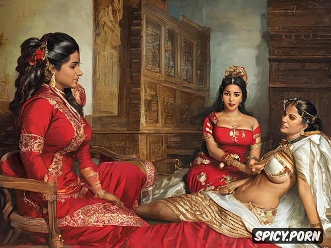 upskirt, two maids, long dress, elegant clothed, xix century indian painting
