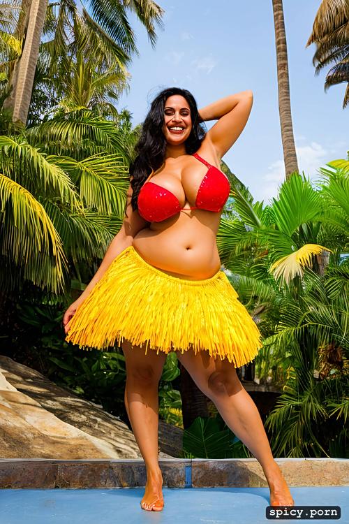 extremely busty, intricate beautiful hula dancing costume, giant hanging boobs