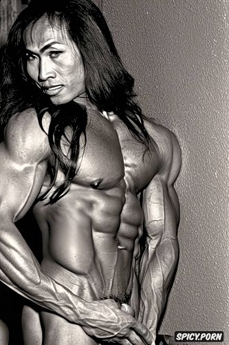 bulging muscles, asian ladyboy, naked, six pack abs, bodybuilder