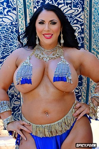 gold and silver and pearls jewelry, full view, massive saggy breasts