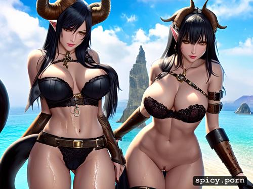 black hair, hot body, big breasts, tail, woman, wet pussy, horns