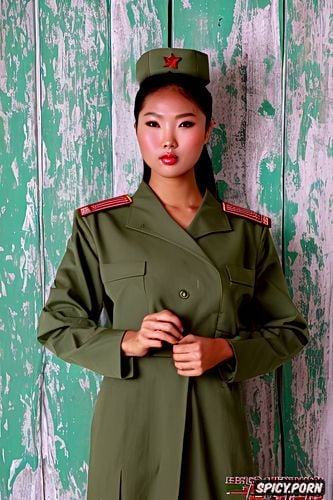 green north korean army uniform, no make up, hair tied up, sexy and slutty close up pose