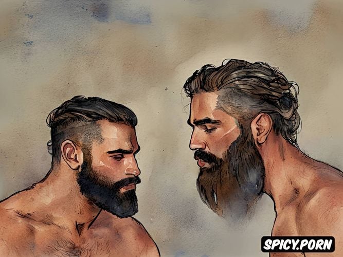 sketch gay bearded hairy men thick natural eyebrows arabian arab hamam sweating long hair highest quality masterful composition soft lighting