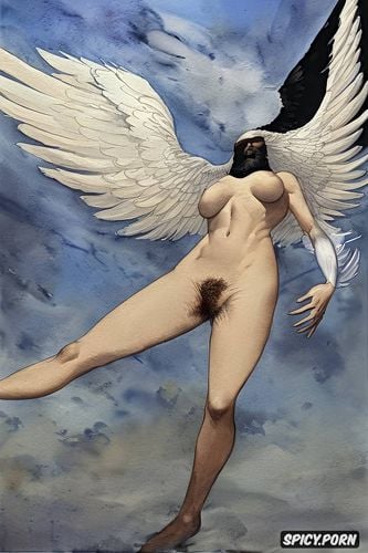 henri gervex, angel flying in the sky, flat breast full body shot