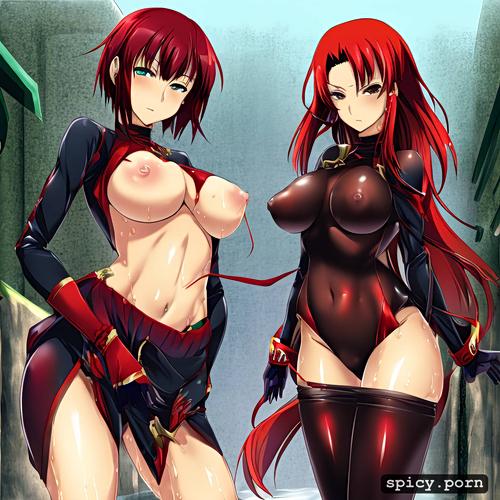 smoll tits, woman, ninja costume, wet, red hair, 19 years, deep navel