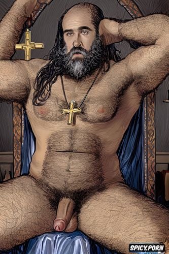 image of a hairy older male priest with a long beard sitting inside a church showing off his hairy armpits and big dick wearing a little cross necklace