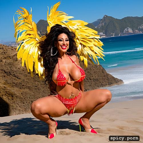 highres, color portrait, giant hanging tits, dramatic, voluptuous christy canyon performing as rio carnival dancer at copacabana beach erect nipples