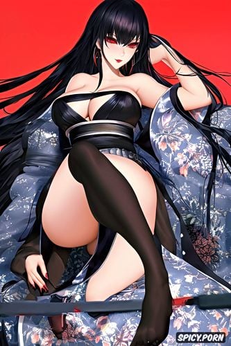 black voidless eyes, kuro stays in front of pictute in a sexy posing and revealing position kuro has a very seductive feminine body with long black hair